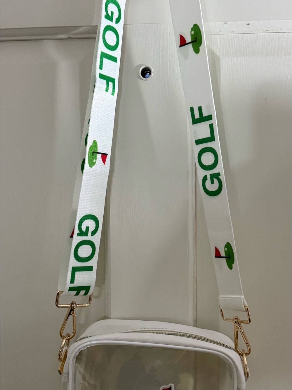 Handmade Clear PVC Crossbody Bag with White Trim and Masters Patch - Picture 2 of 2